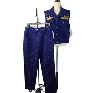 Monique Fashions Purple Gold Stud Pants Vest Vintage Bling NEW 2 Piece Size 12